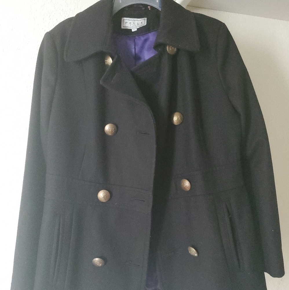 Pelle Pea Coat Double Breasted Wool Black jacket Large Purple Satin Lining